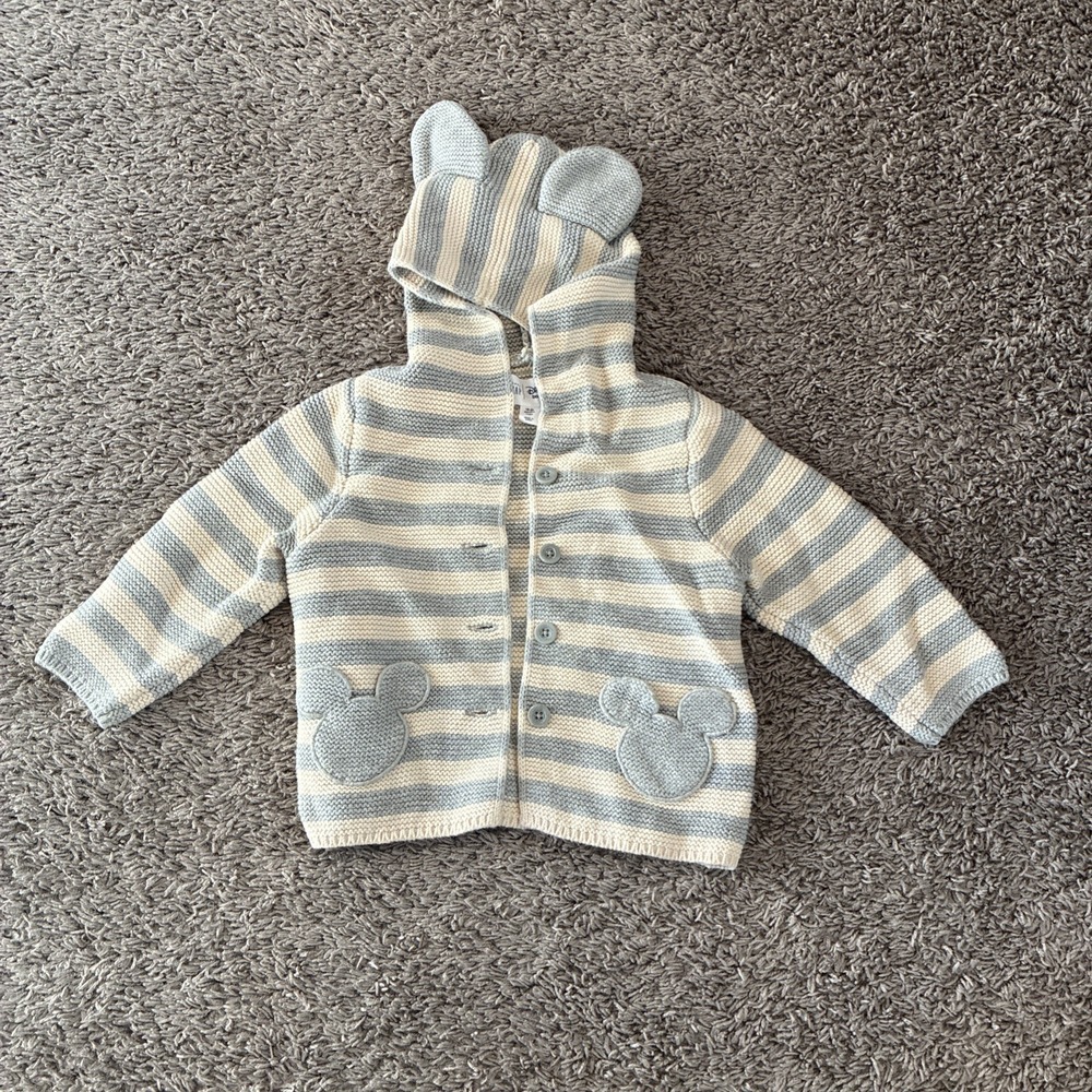 Gap Disney Striped Mickey Mouse Ears Hooded Sweater Knit Cardigan Sz 18-24 Month